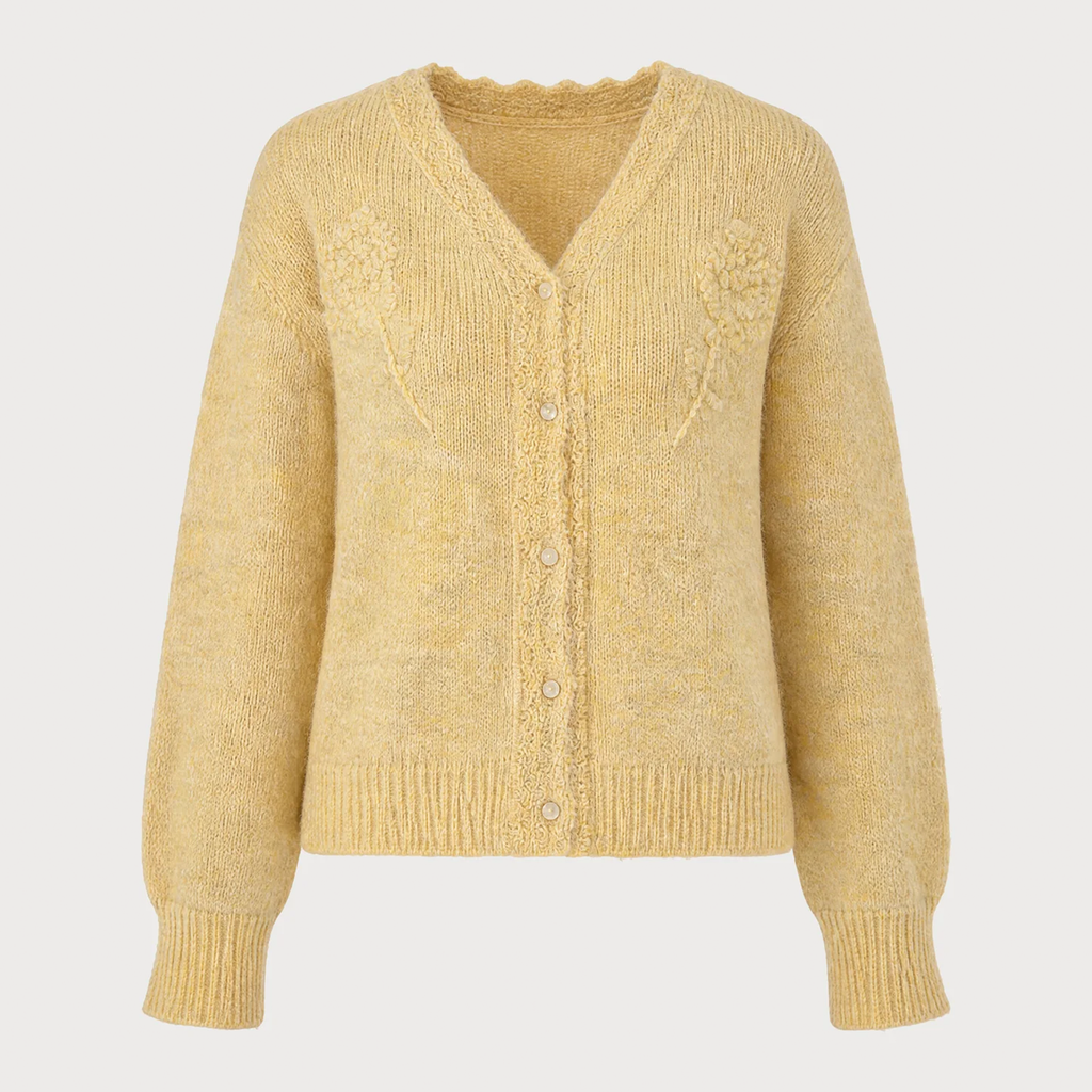V Neck Floral Button Knit Cardigan